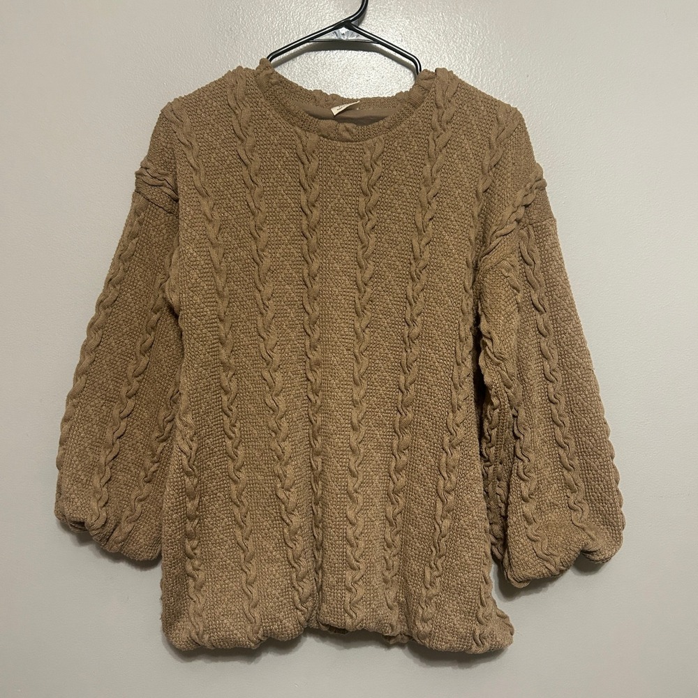 M.L. Kids Cable Knit Sweater 14 Brown Bubble Sleeve Coogi Style Heavy Winter Top